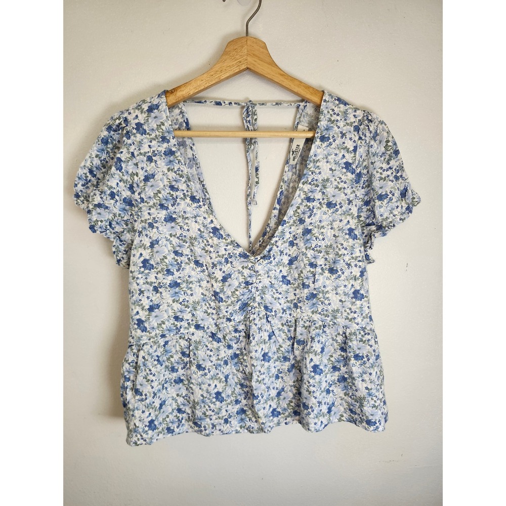 Hollister Blue Floral Babydoll Top Women's Large Cottagecore Puff Sleeve Peplum - Picture 2 of 12